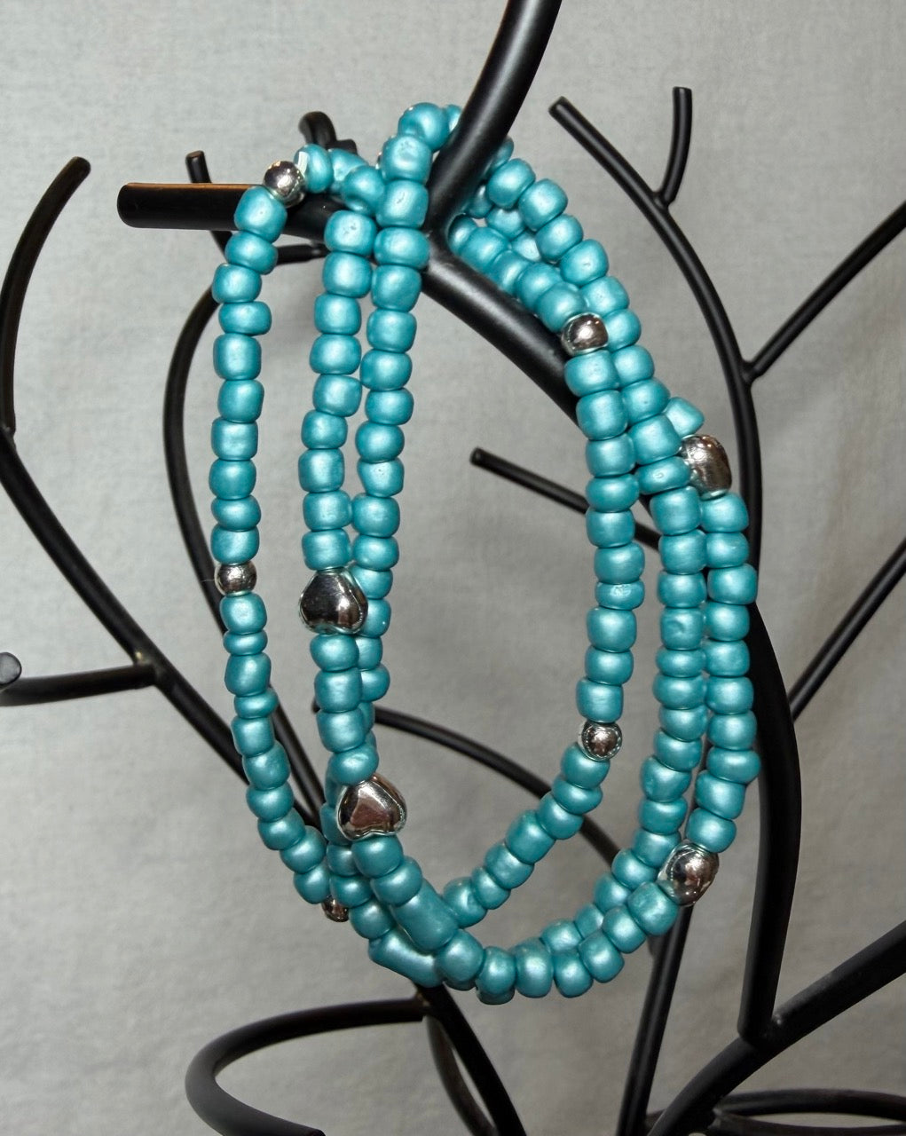 Turquoise Seed Bead Bracelet Set (Set of 3) – Handmade Stretch Bracelets with Silver Heart Accents