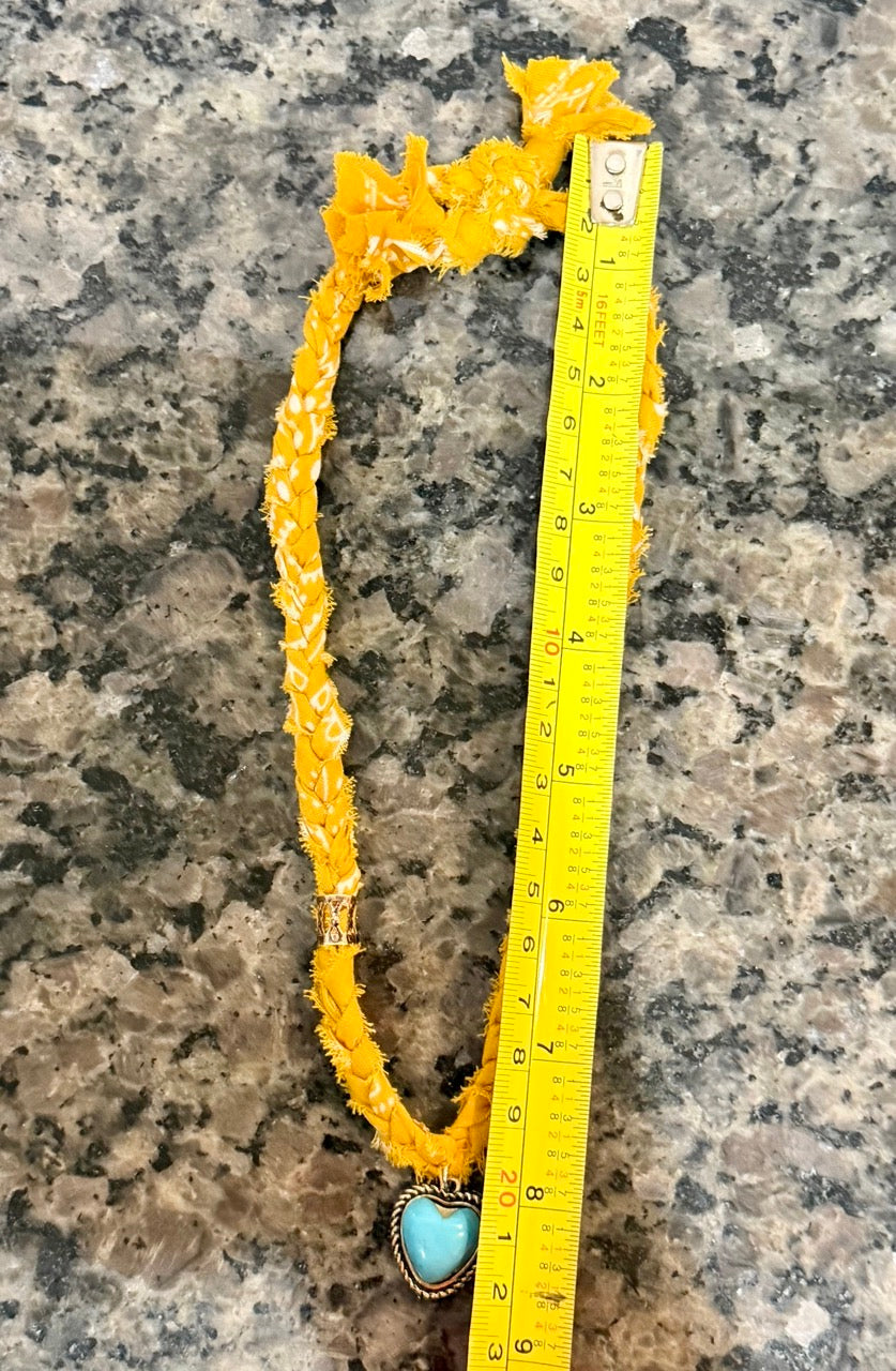 Mustard Braided Bandana Necklace with Turquoise Heart Charm