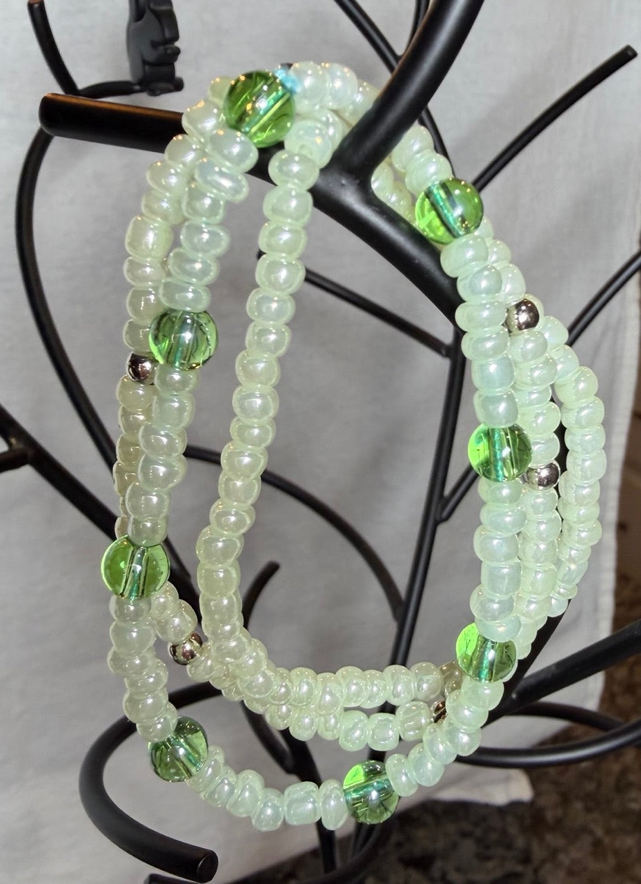Soft Sage & Green Glass Beaded Bracelet Set (Set of 3)