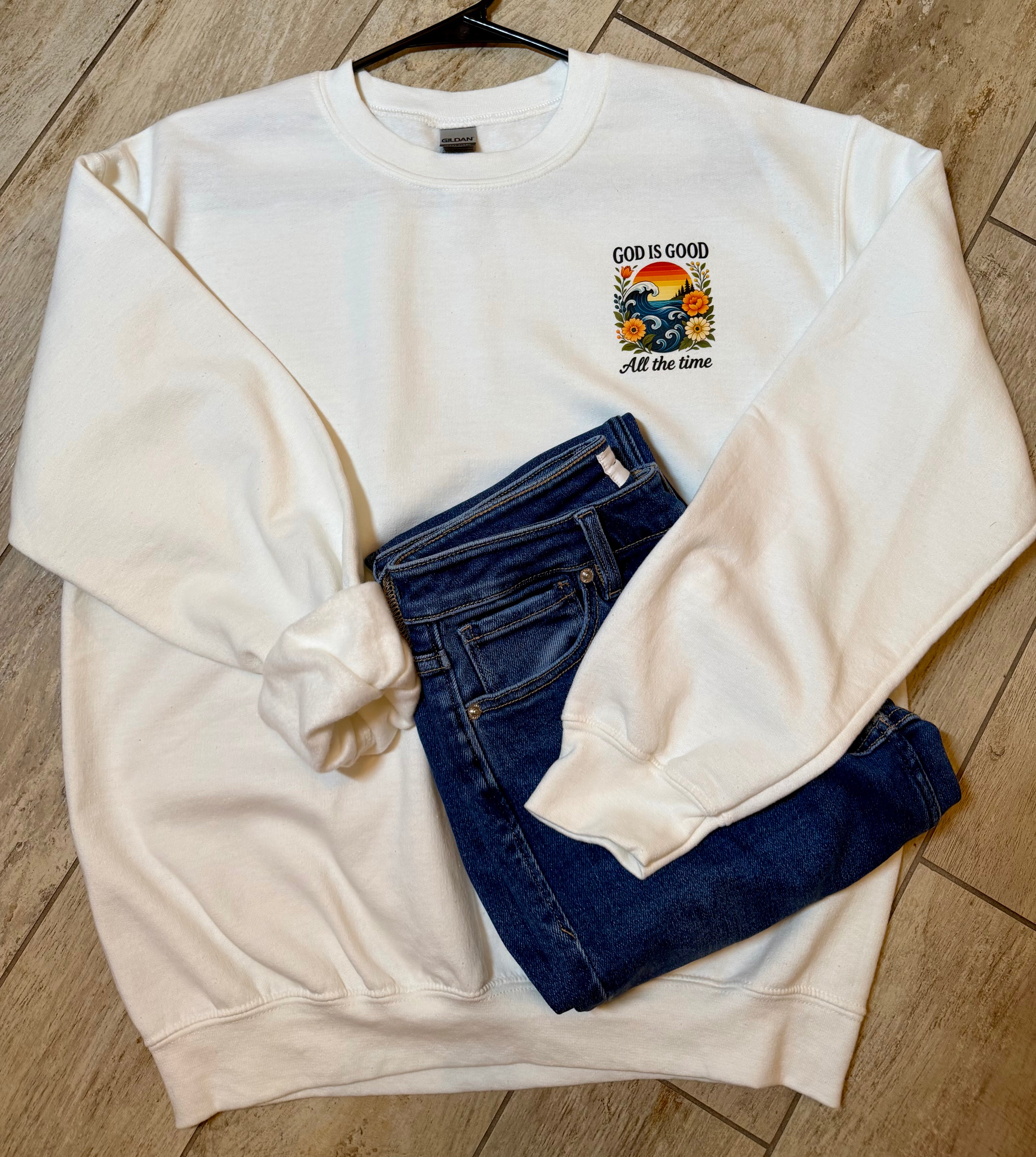 “God Is Good All the Time” Scenic Floral Sweatshirt | Soft Cream