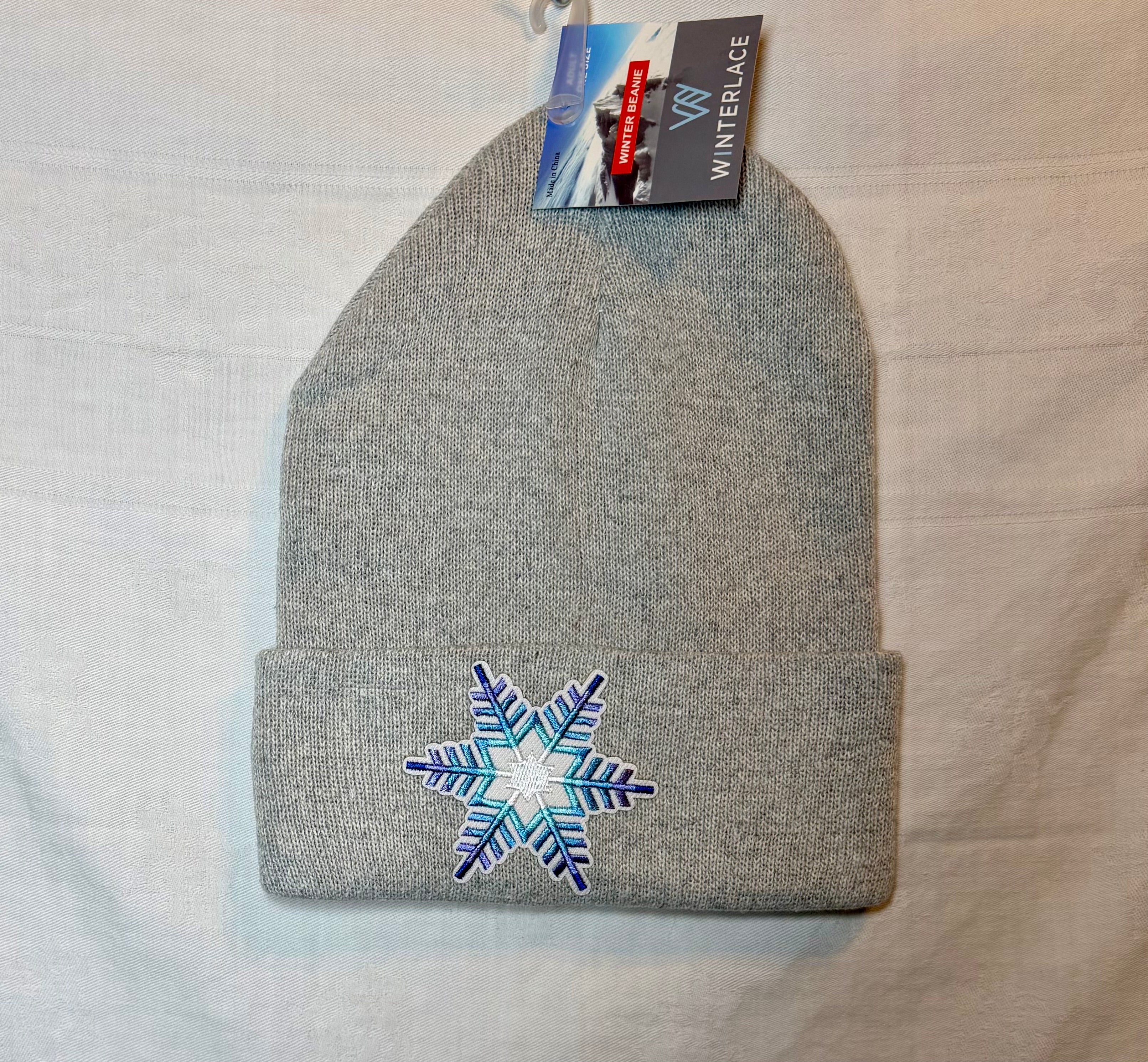Blue & White Snowflake Embroidered Beanie | Heather Gray