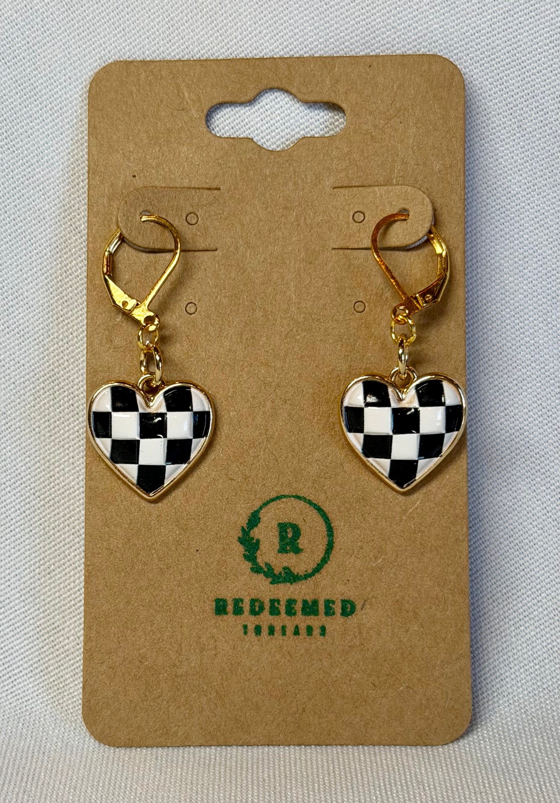 “Checker Heart” Statement Earrings | Black & White