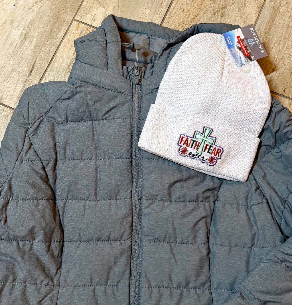 “Faith Over Fear” Embroidered Beanie | White