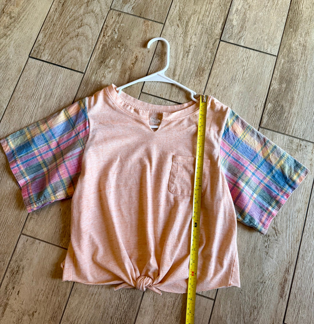 Peach Tie-Front Plaid Sleeve Top