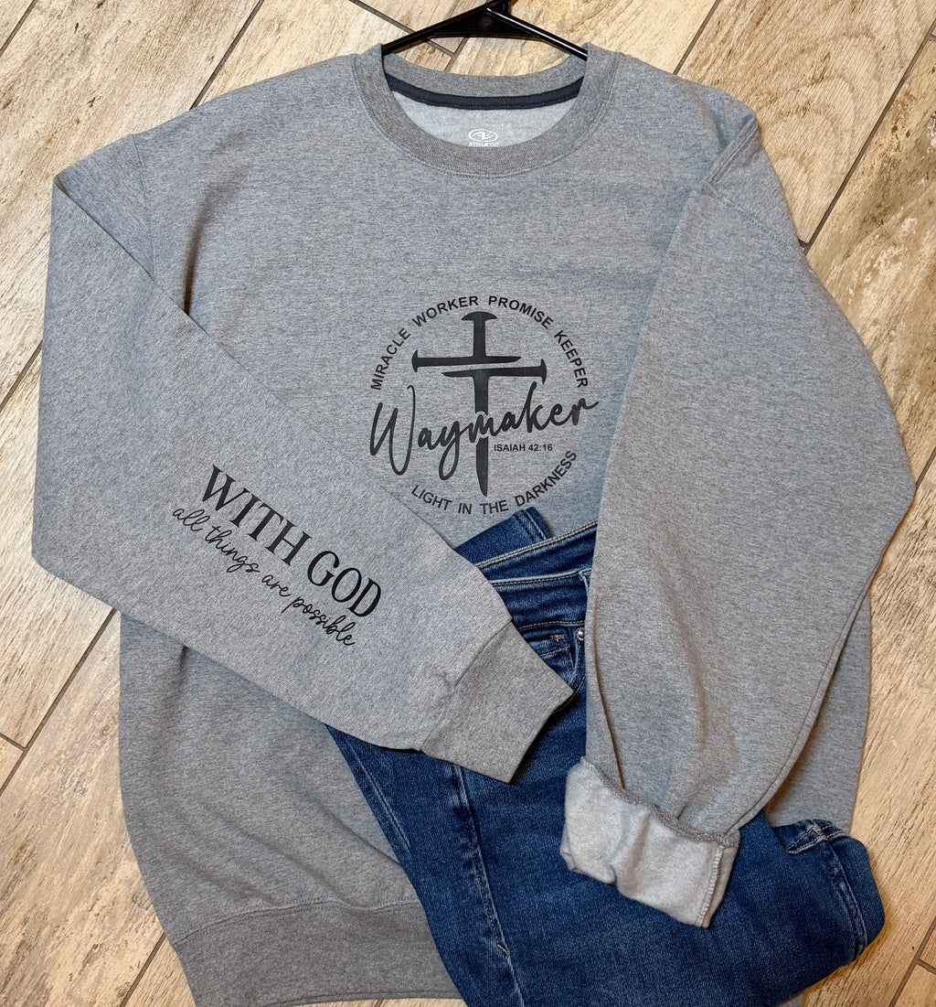 “Waymaker” Scripture Cross Sweatshirt | Heather Grey