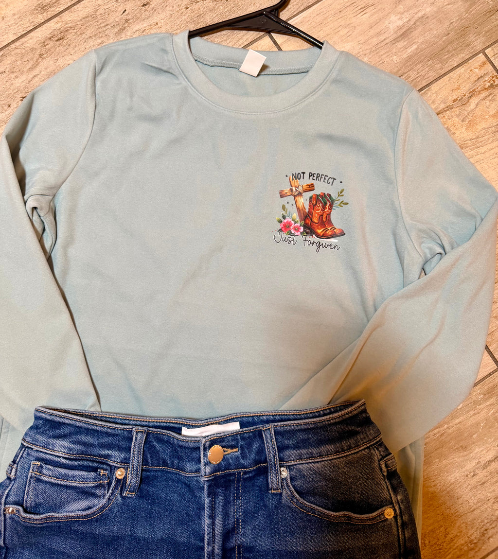 “Not Perfect, Just Forgiven” Sage Crewneck Sweatshirt