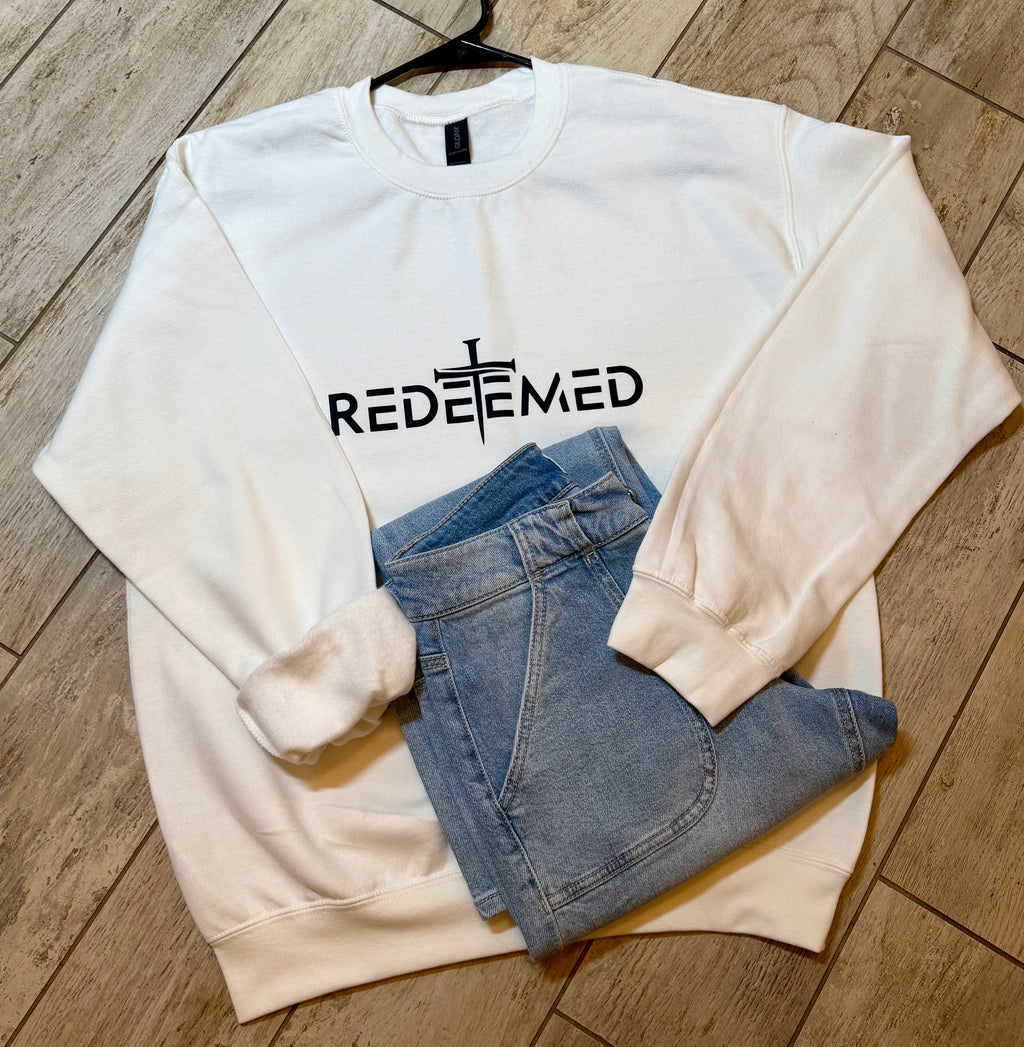 “Redeemed” Cross Sweatshirt | White