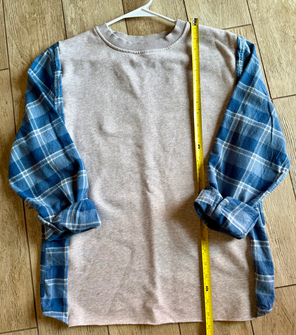 Heather Gray Sweatshirt With Blue Plaid Sleeve Top
