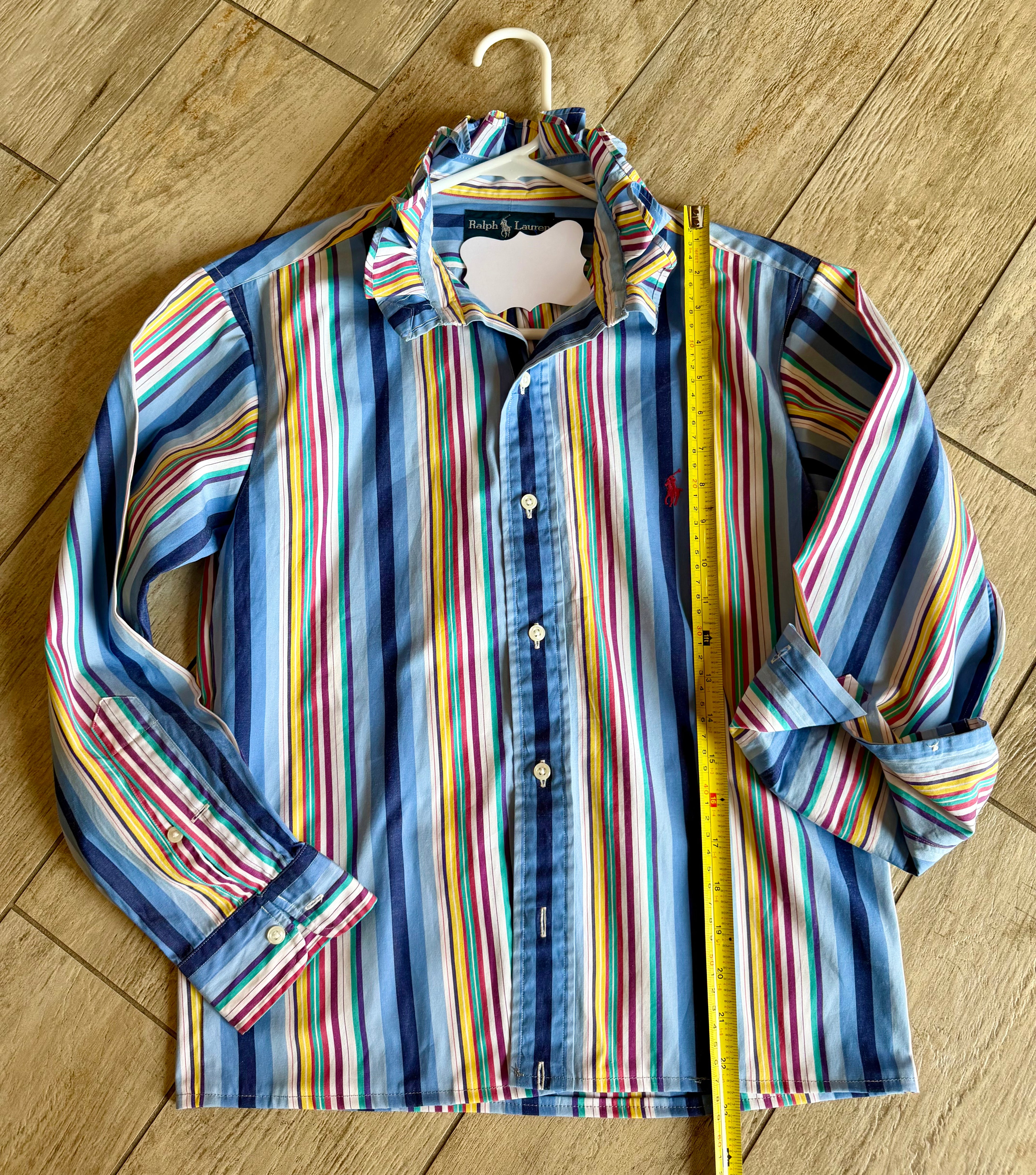 Blue Multi-Stripe Ruffle Collar Top