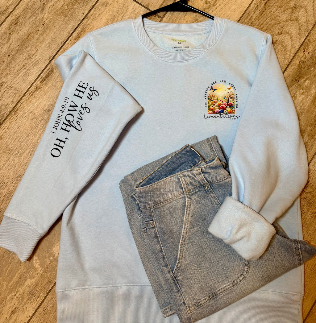 “His Mercies Are New Every Morning” Floral Crewneck Sweatshirt | Soft Sky Blue