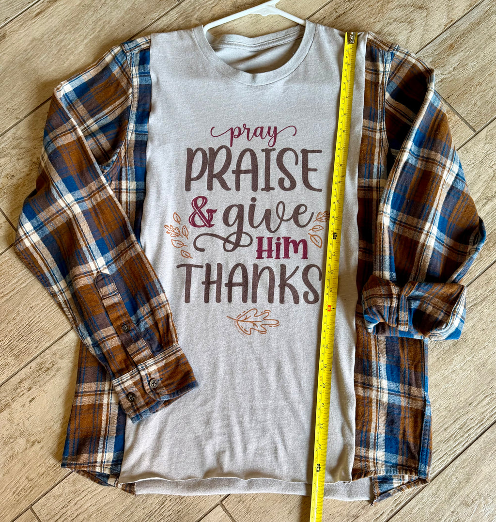 Pray, Praise & Give Him Thanks Plaid Sleeve Top