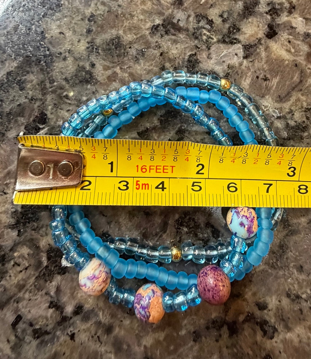 Blue Coastal Glass Bracelet Set – Triple Strand Stretch Beaded Bracelets