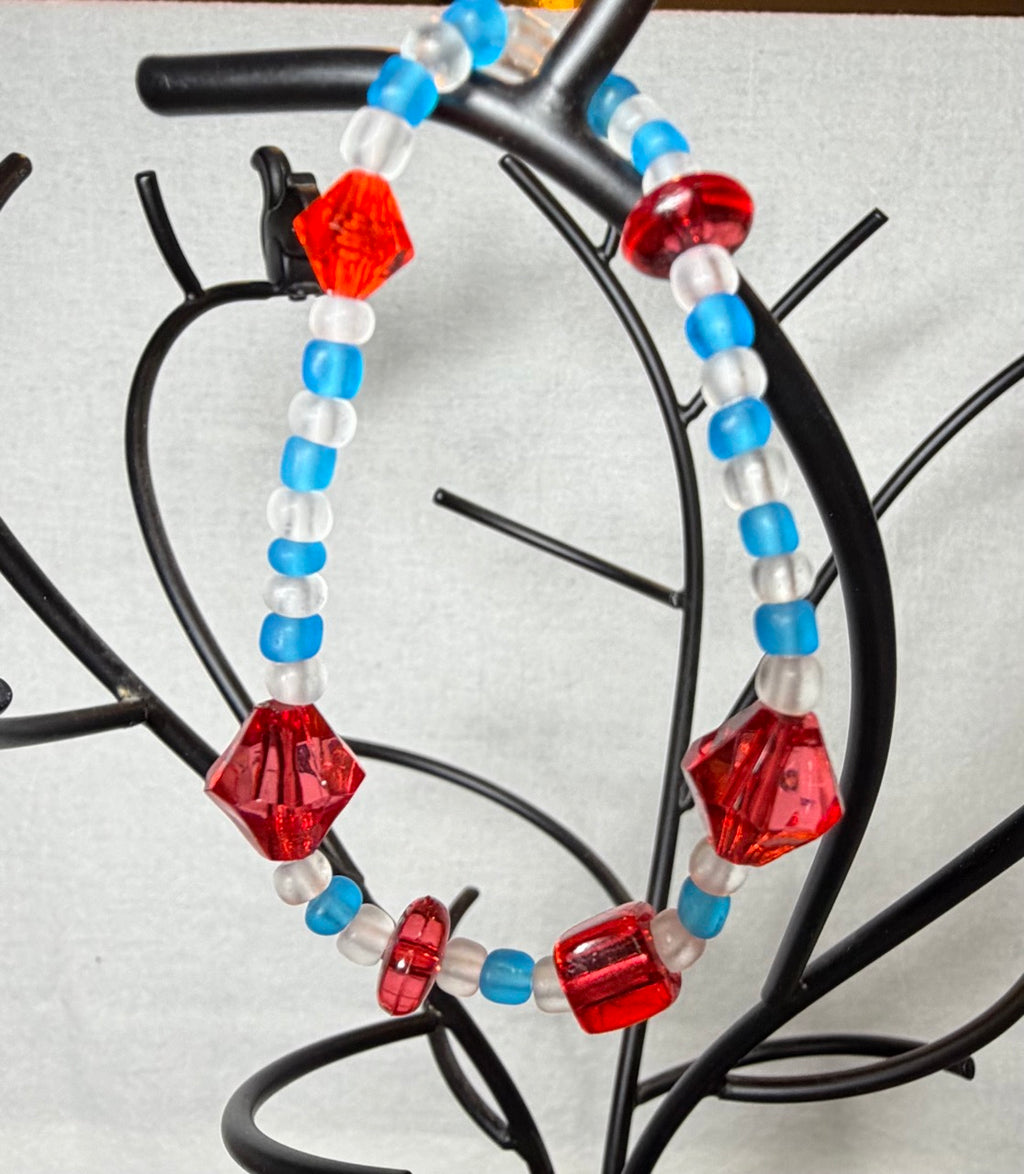 Red & Aqua Glass Beaded Bracelet | Handmade Stretch Bracelet