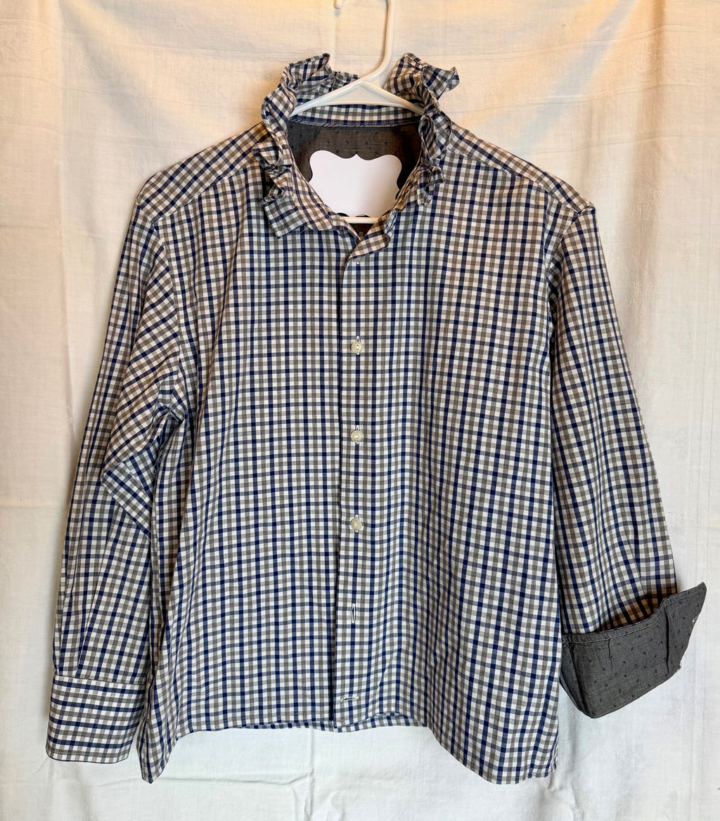 Navy & Taupe Gingham Ruffle Collar Top
