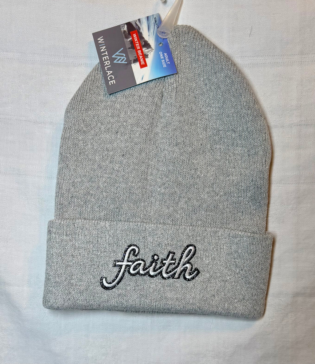 “Faith” Script Embroidered Beanie | Heather Gray