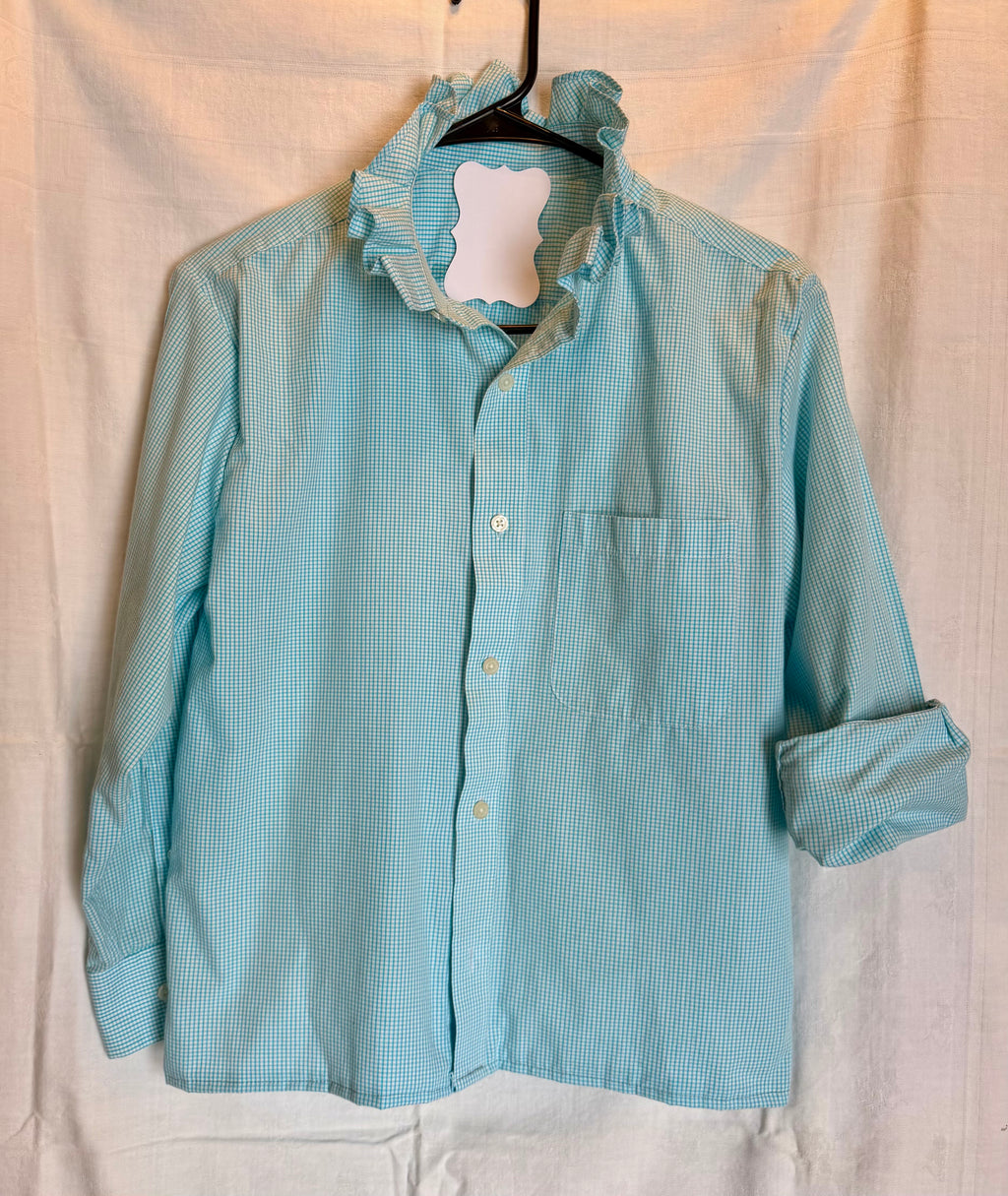 Aqua Gingham Ruffle Collar Top