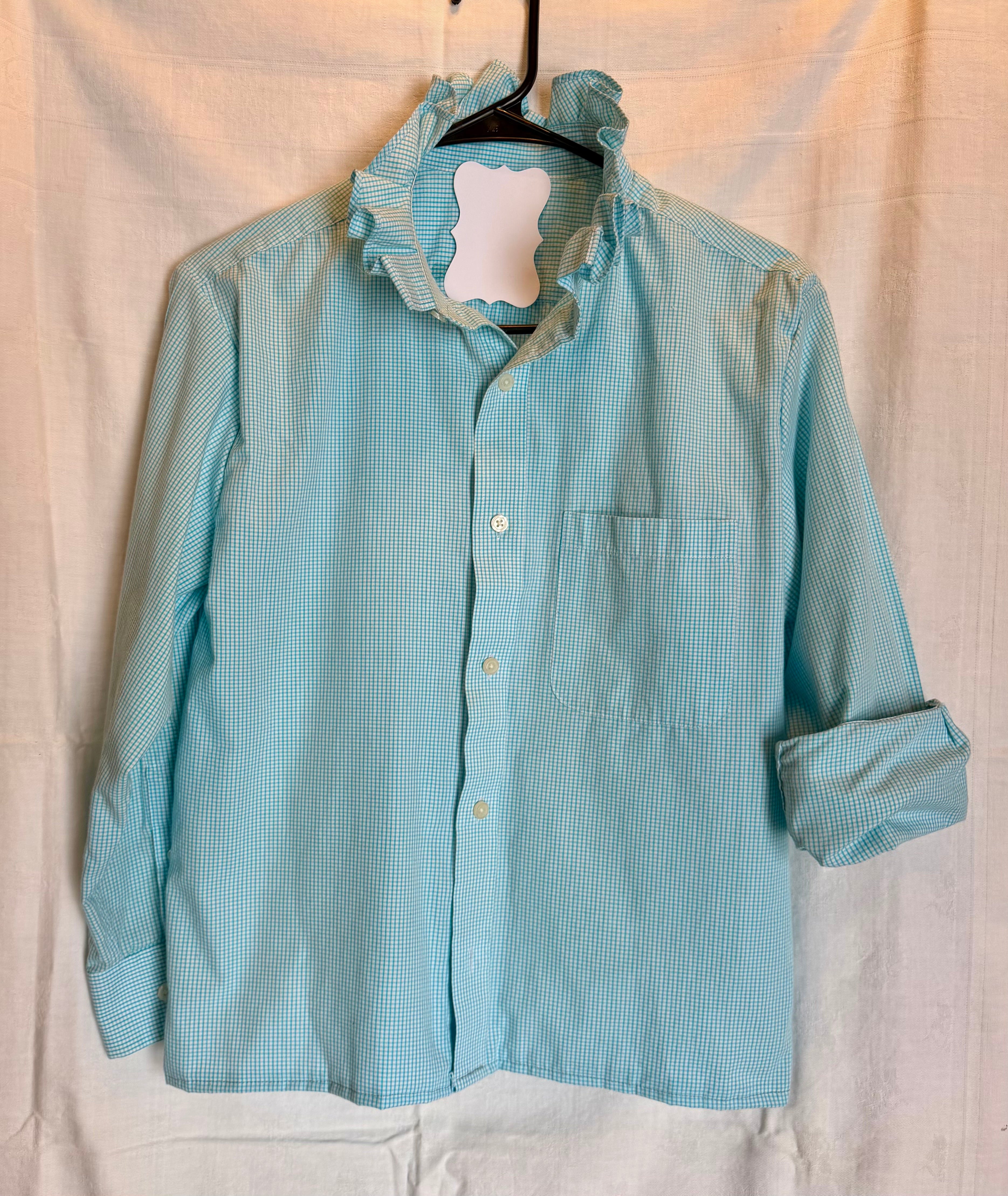 Aqua Gingham Ruffle Collar Top