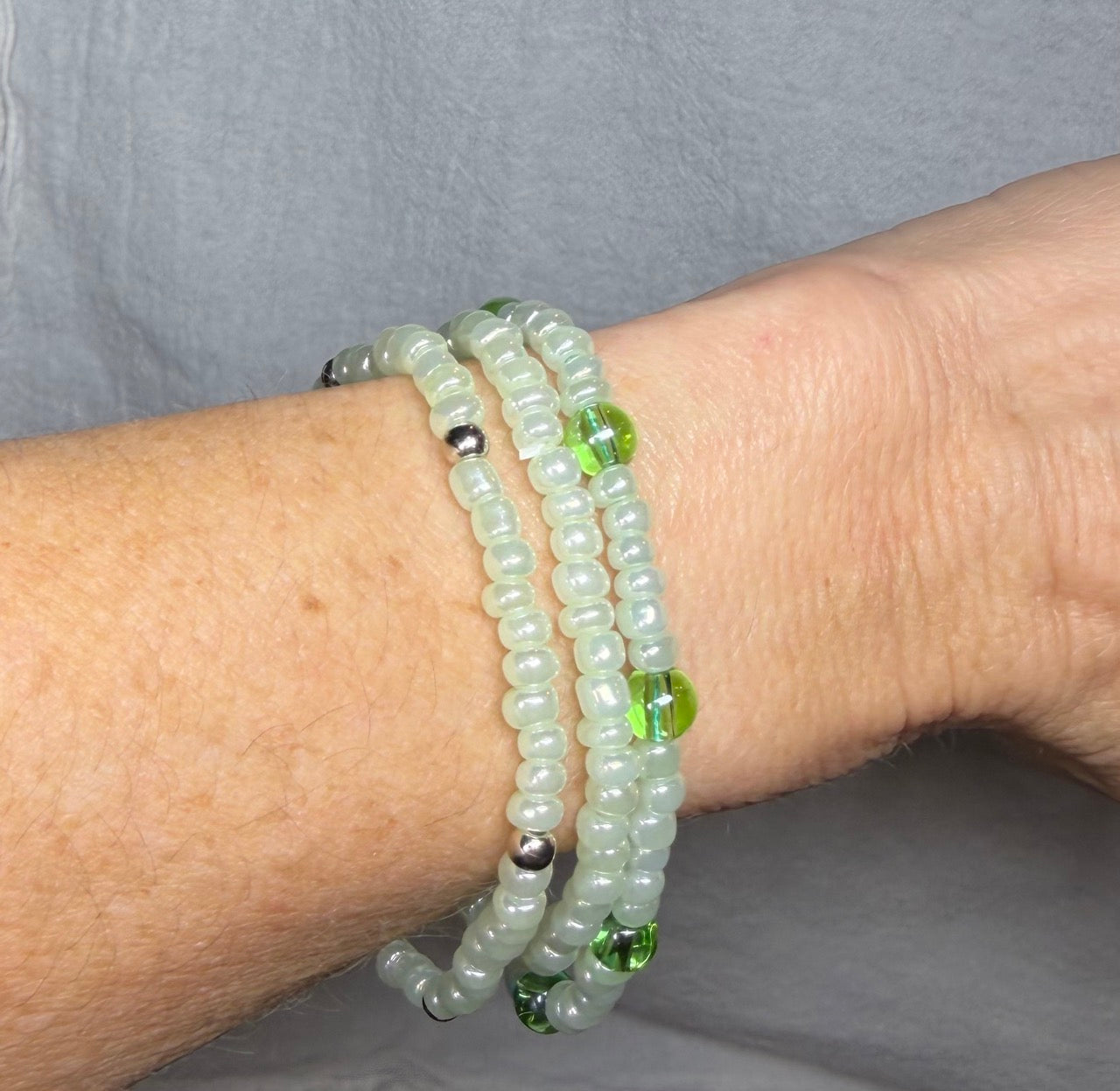 Soft Sage & Green Glass Beaded Bracelet Set (Set of 3)