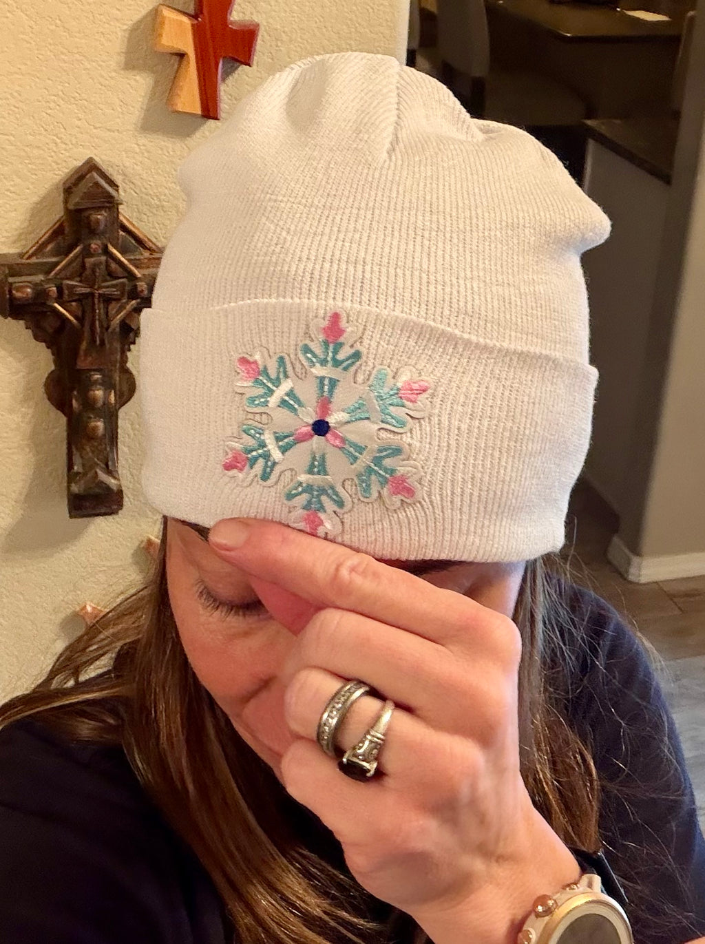 Pastel Winter Snowflake Beanie | White