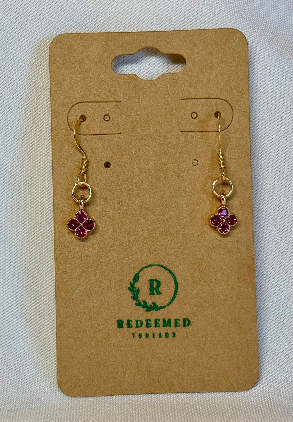 Pink Crystal Mini Clover Drop Earrings (Gold)