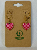 “Pink Checker Heart” Drop Earrings | Gold