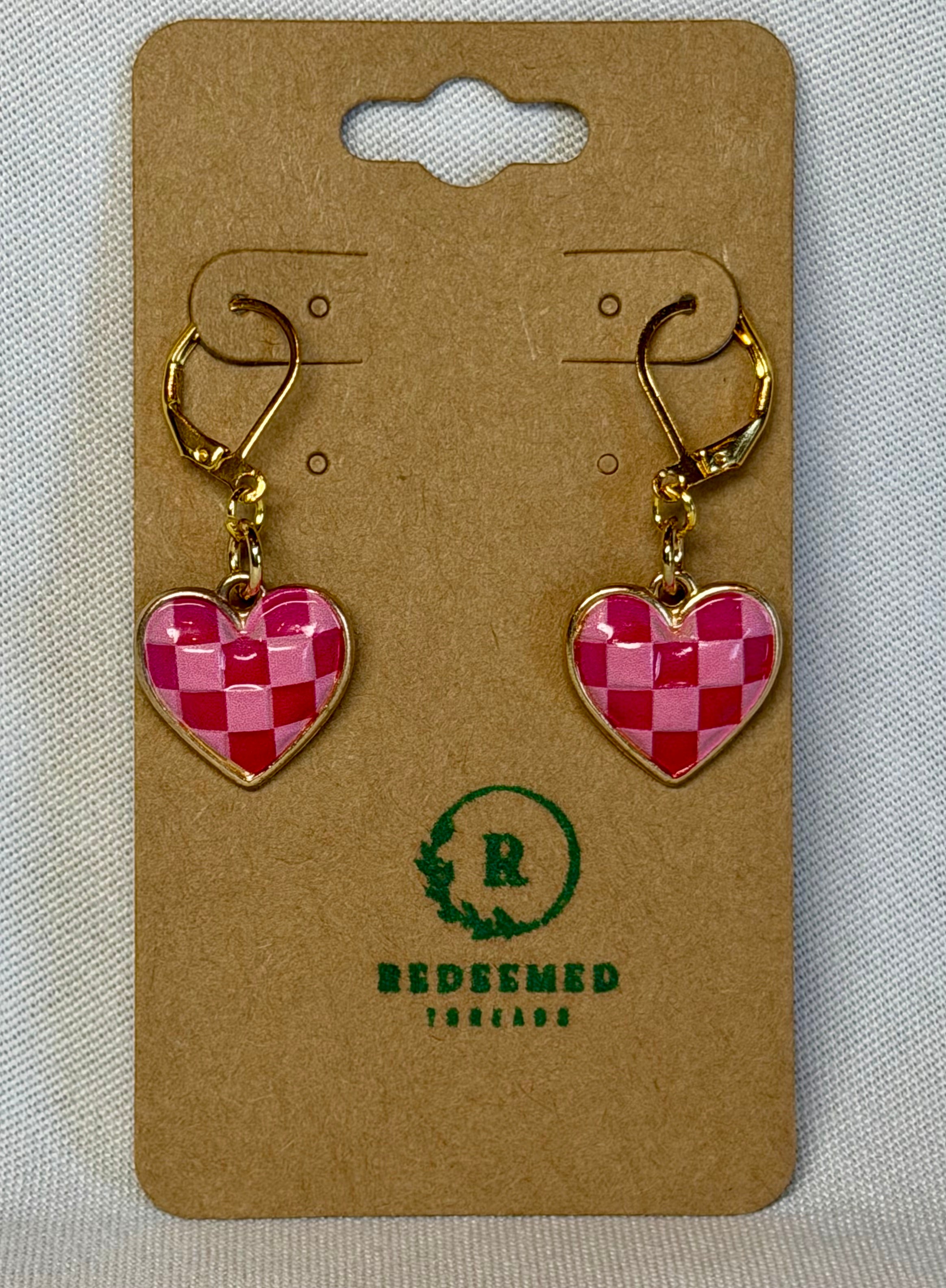 “Pink Checker Heart” Drop Earrings | Gold