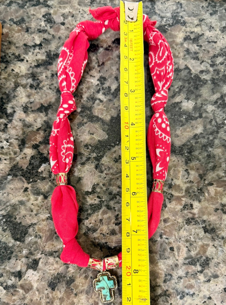 Red Bandana Turquoise Cross Necklace