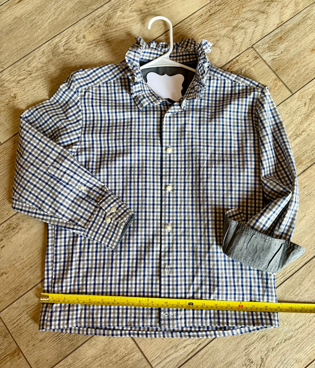 Navy & Taupe Gingham Ruffle Collar Top