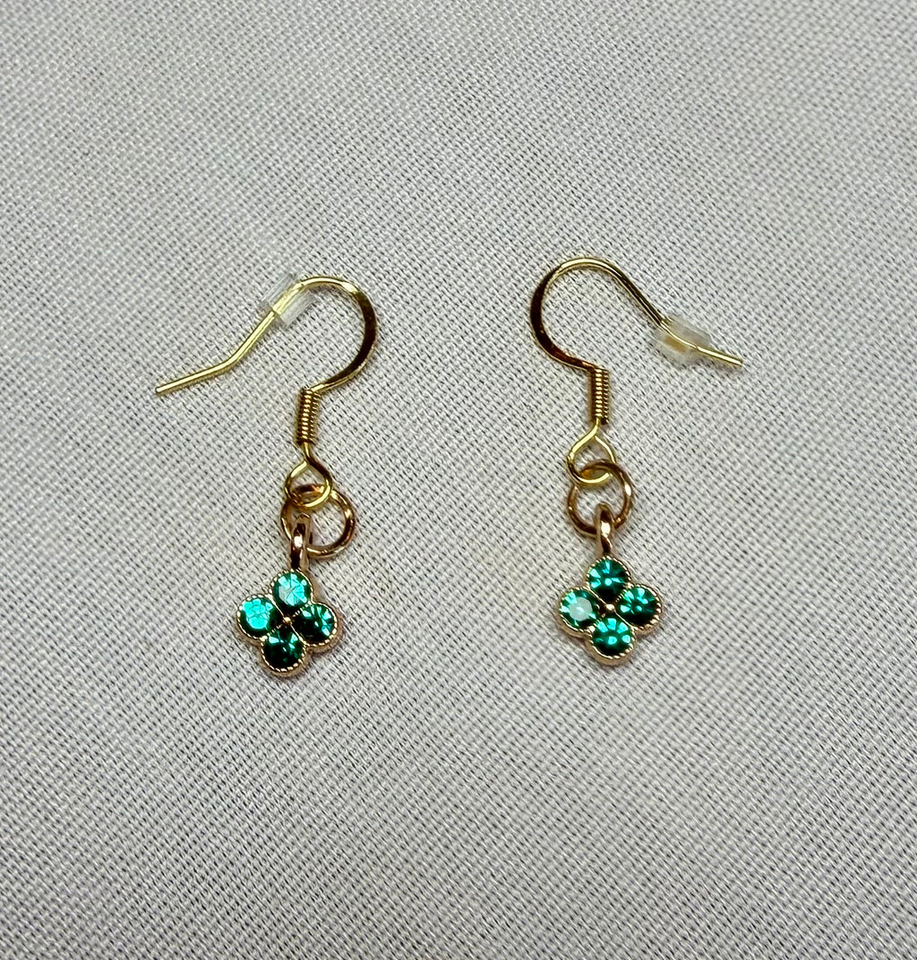 Green Crystal Mini Clover Drop Earrings (Gold)