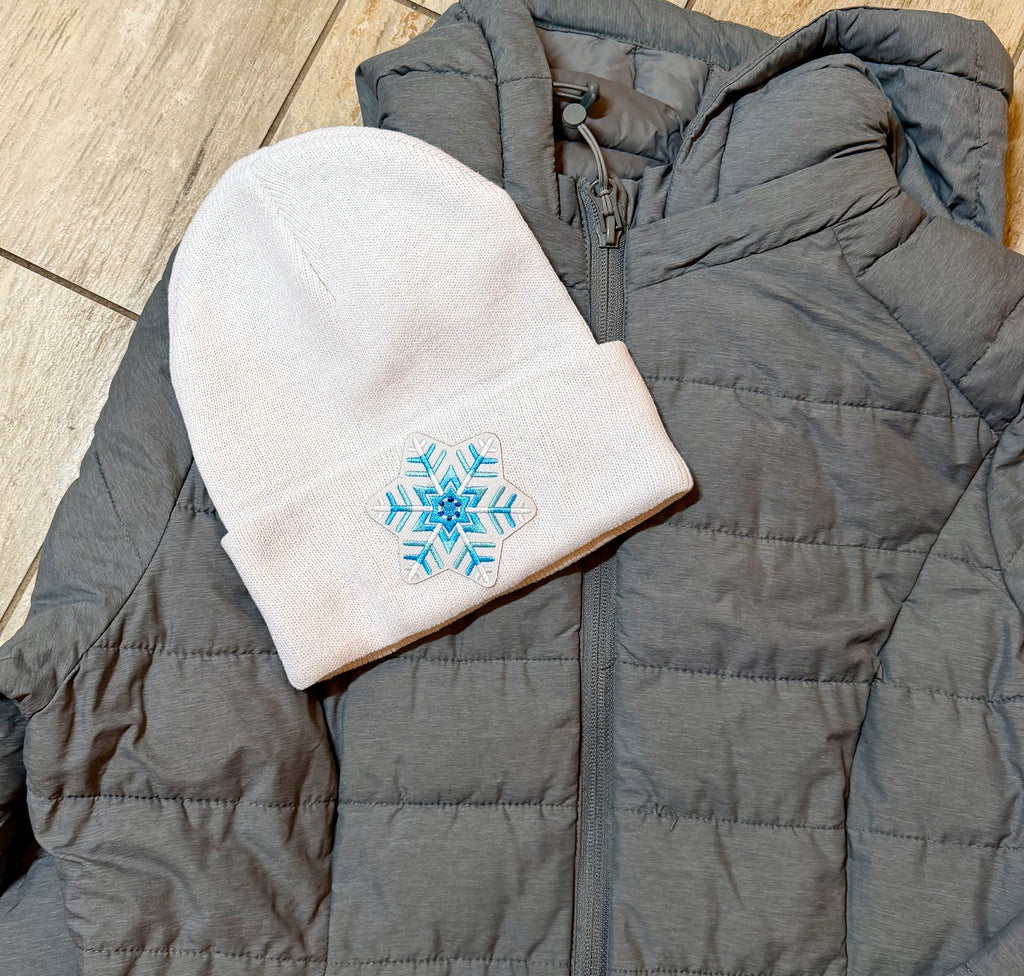 Icy Blue Geometric Snowflake Beanie | White