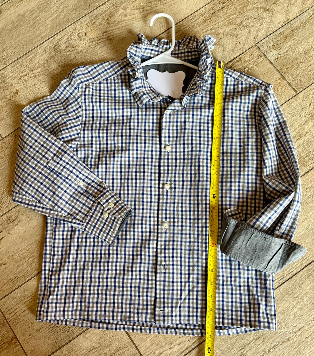 Navy & Taupe Gingham Ruffle Collar Top