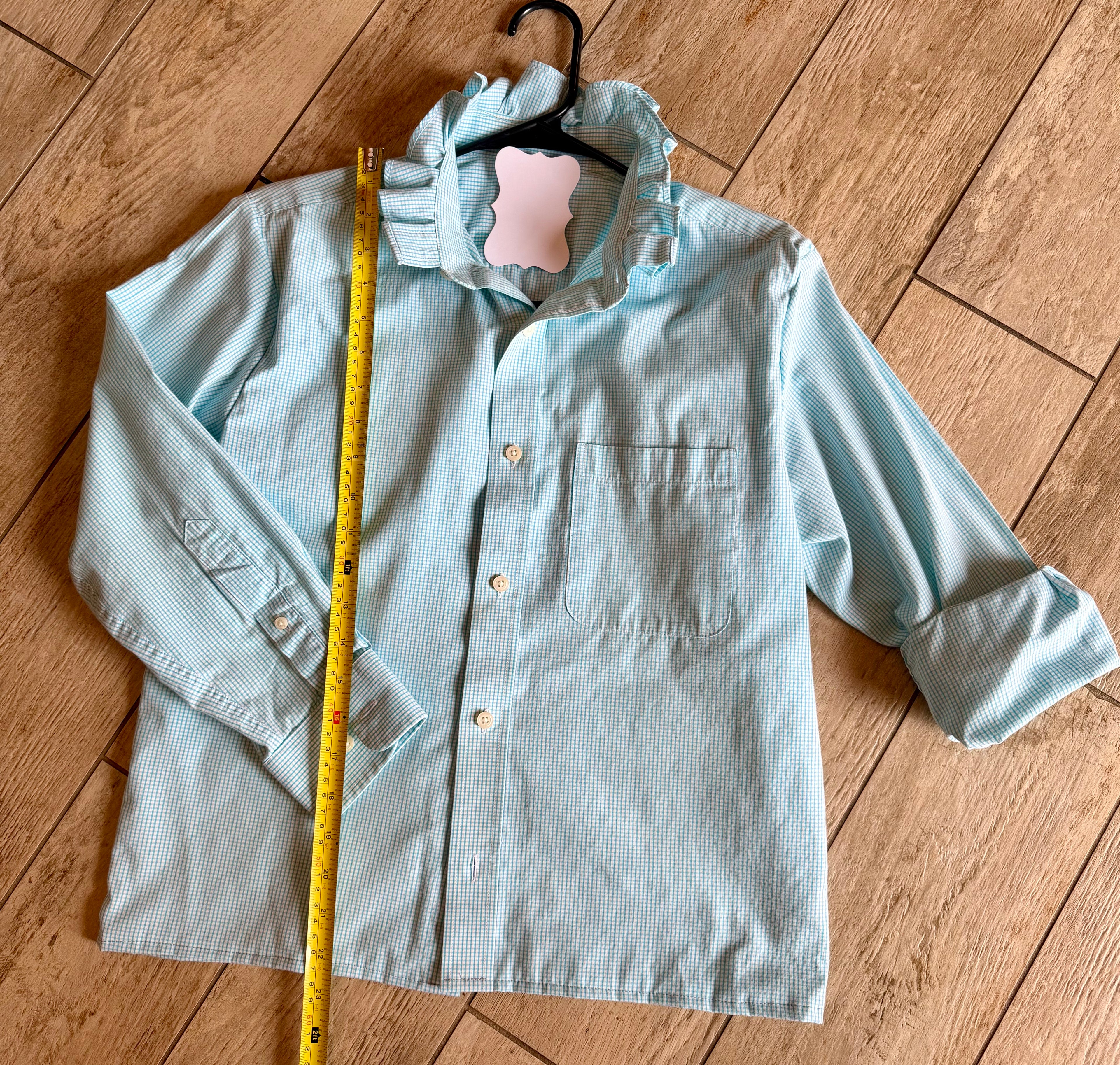 Aqua Gingham Ruffle Collar Top