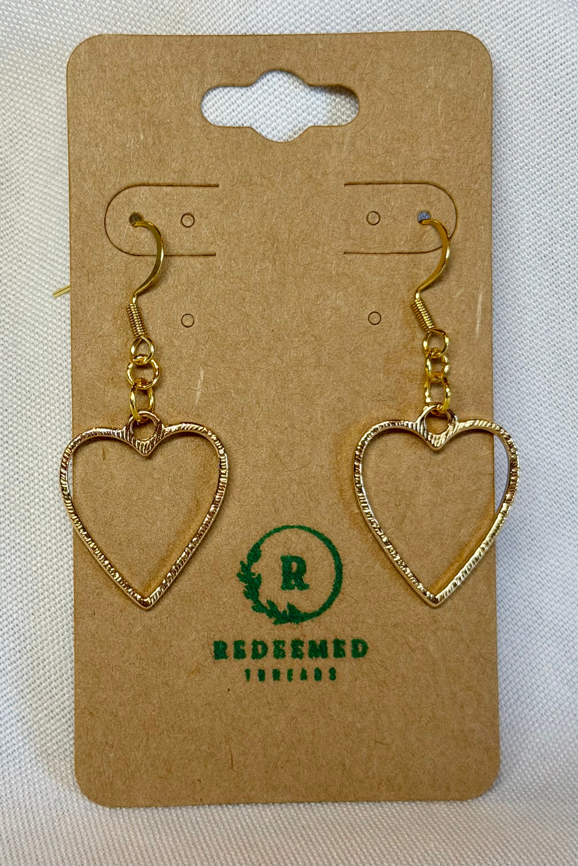 Textured Open Heart Drop Earrings (Gold)