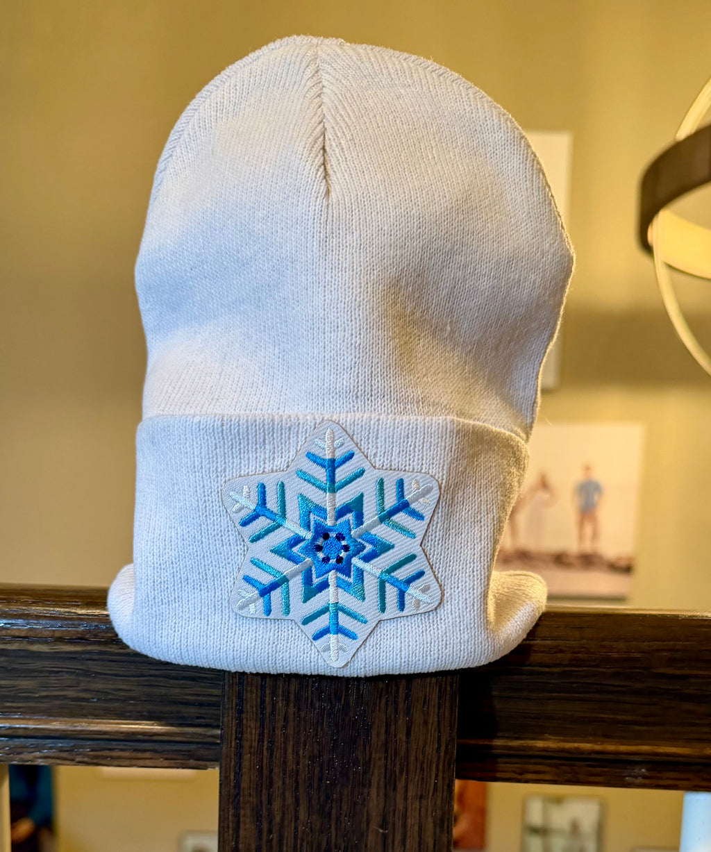 Icy Blue Geometric Snowflake Beanie | White