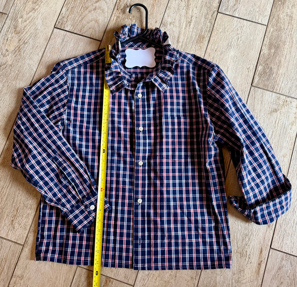 Navy & Red Plaid Ruffle Collar Top