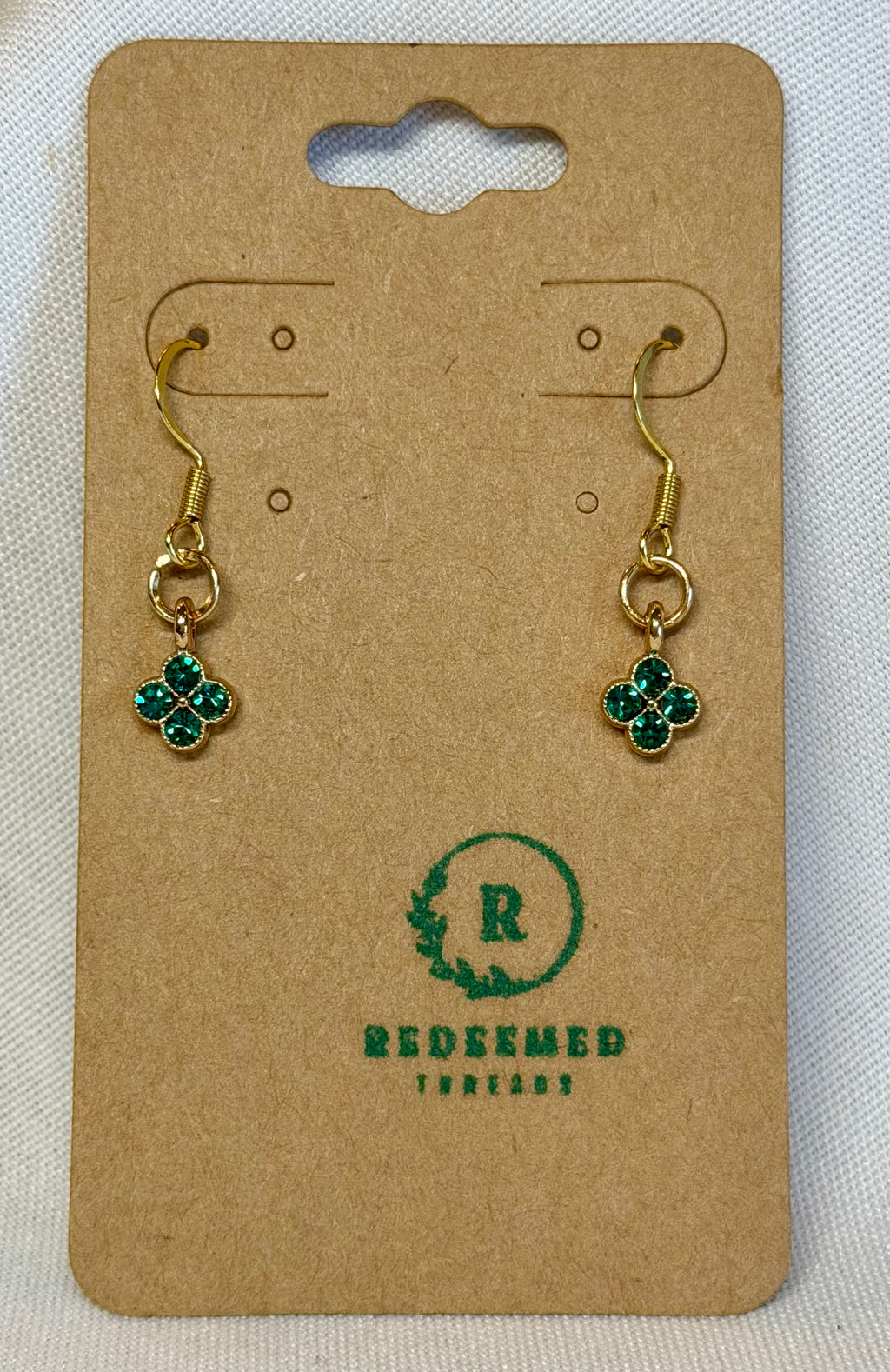 Green Crystal Mini Clover Drop Earrings (Gold)
