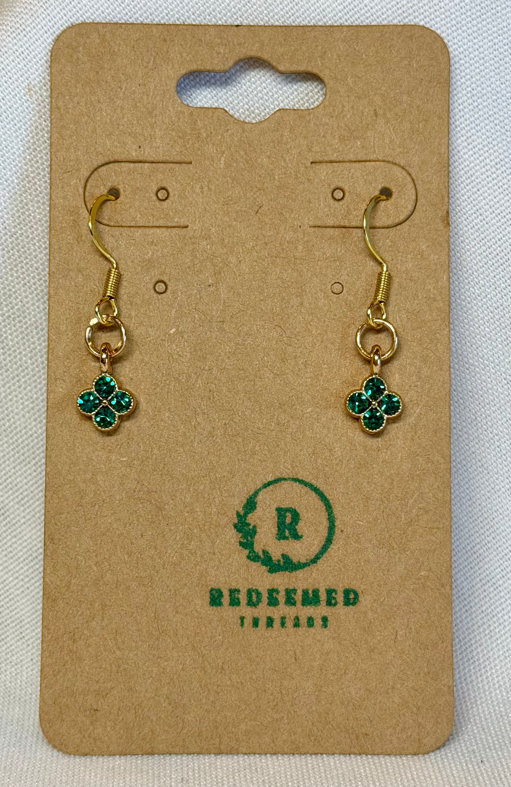 Green Crystal Mini Clover Drop Earrings (Gold)
