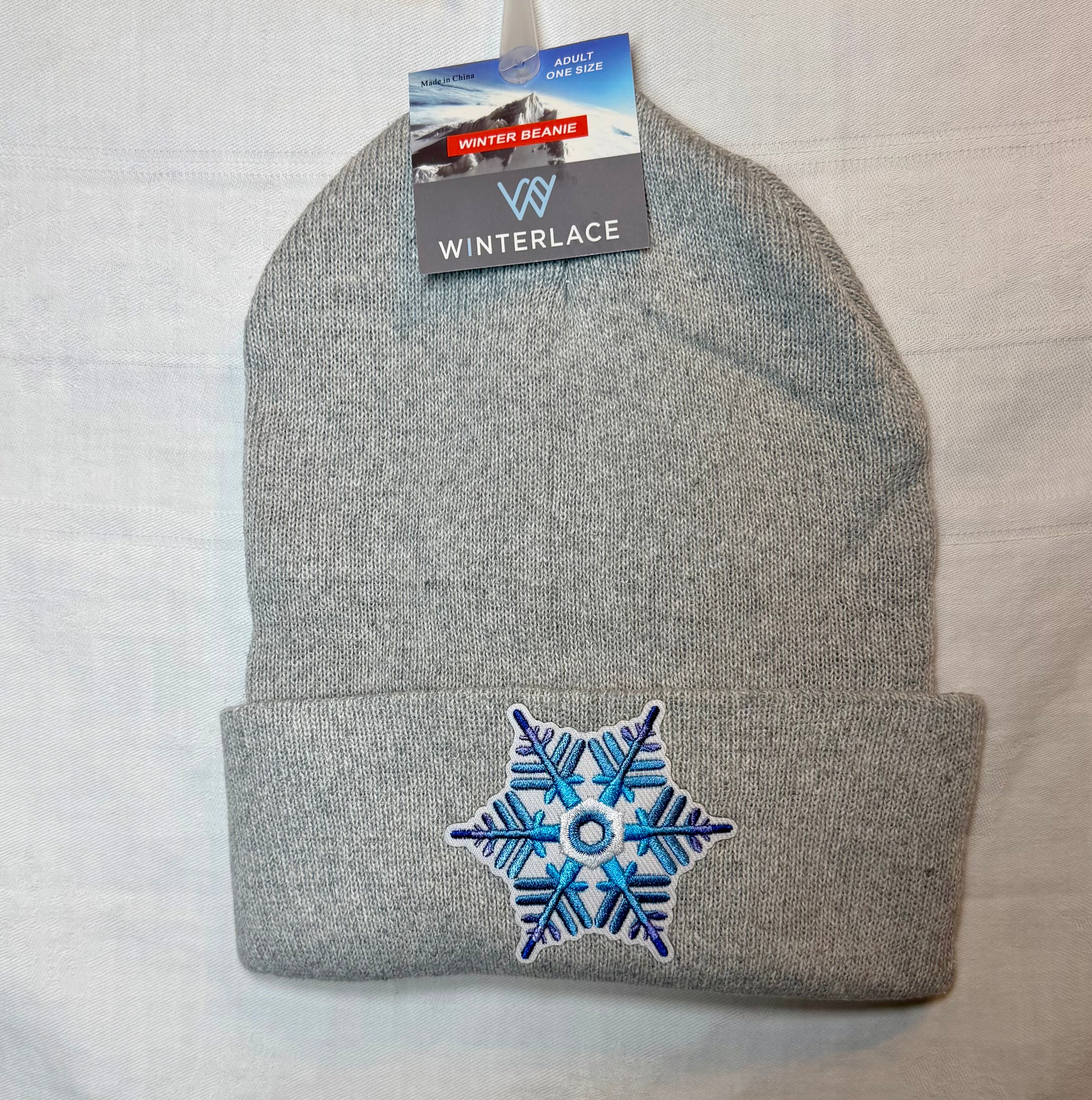 Geometric Blue Snowflake Embroidered Beanie | Heather Gray
