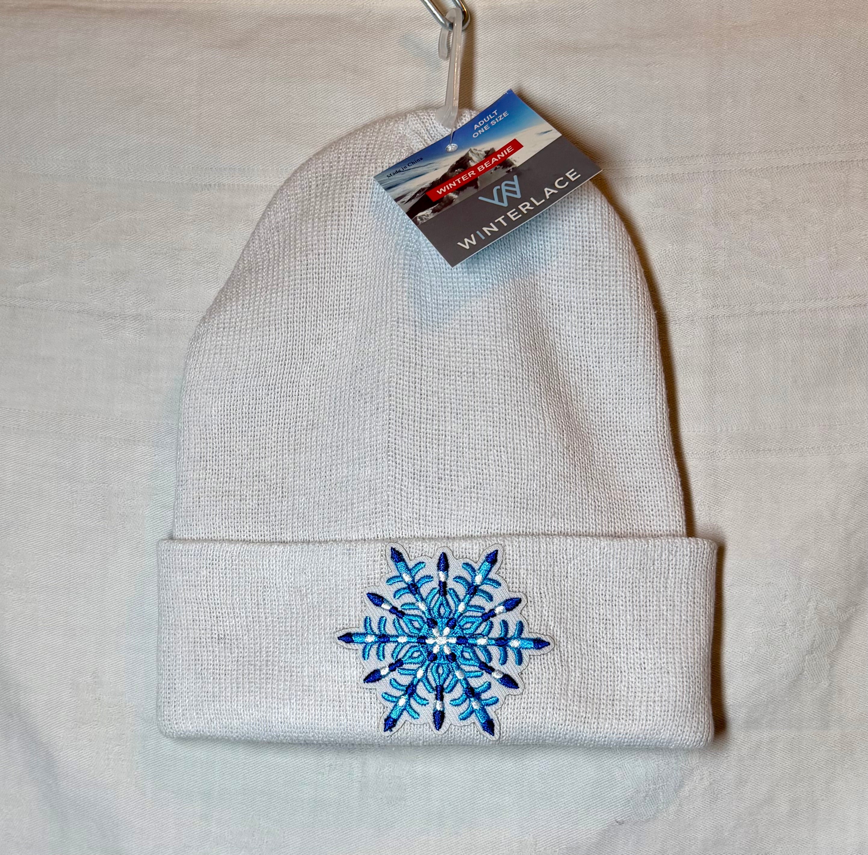 Deep Blue Frost Snowflake Beanie | White