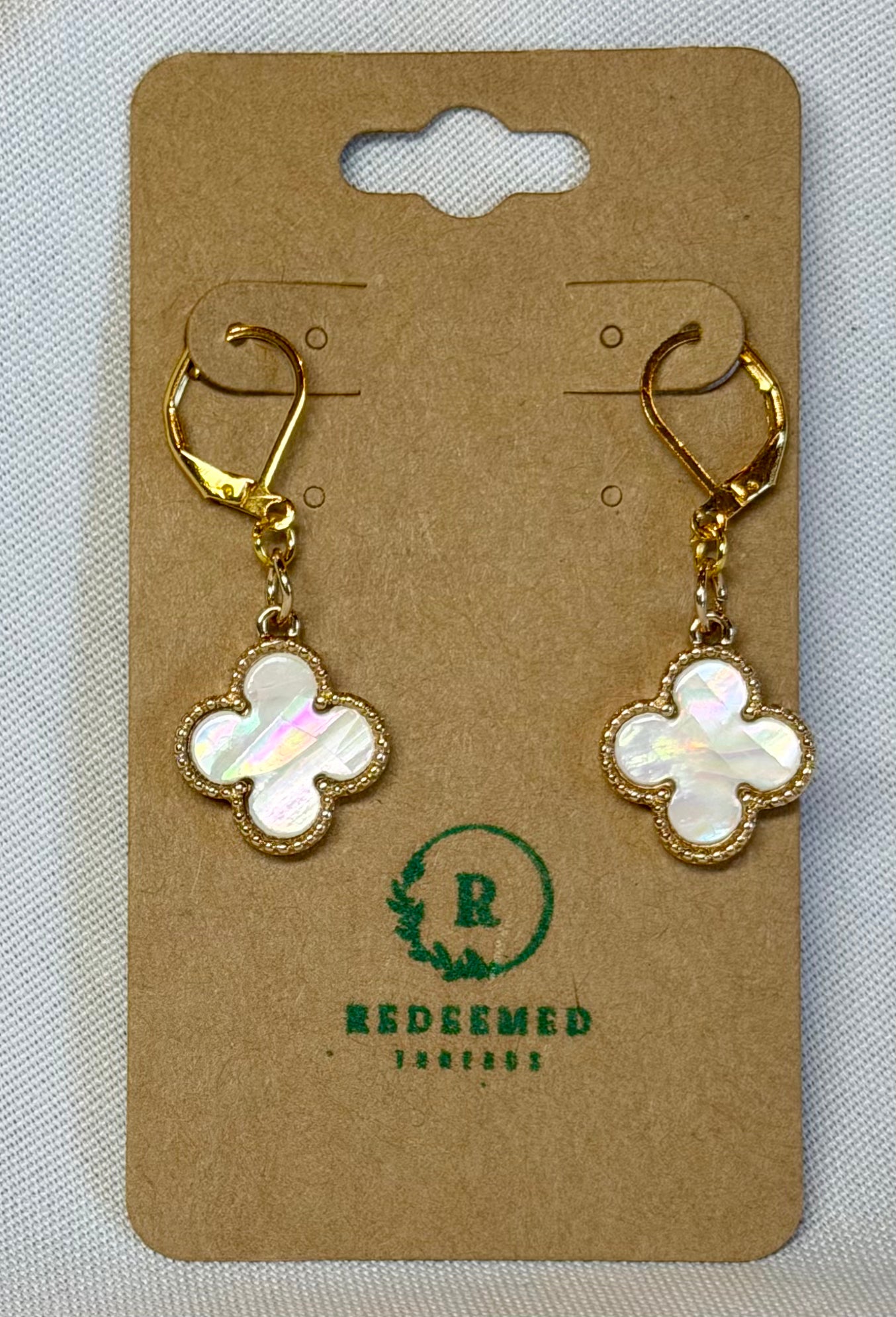 “White Opal Clover” Drop Earrings | Gold