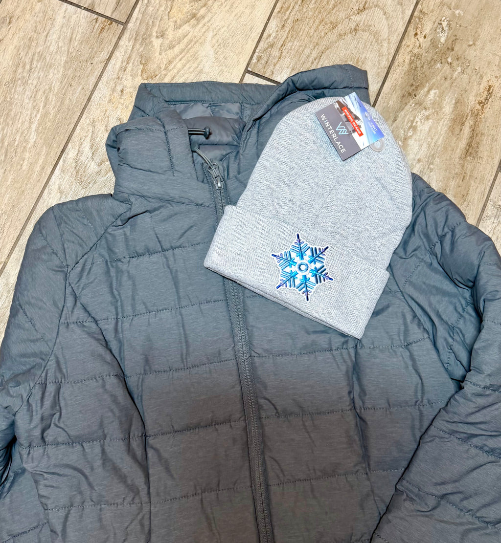 Geometric Blue Snowflake Embroidered Beanie | Heather Gray