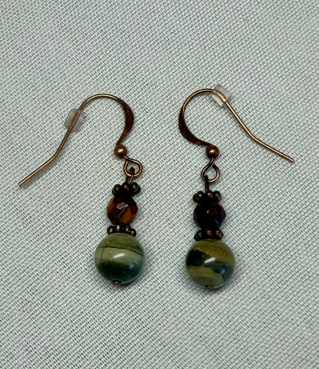 Olive Stone & Jasper Beaded Drop Earrings (Bronze)