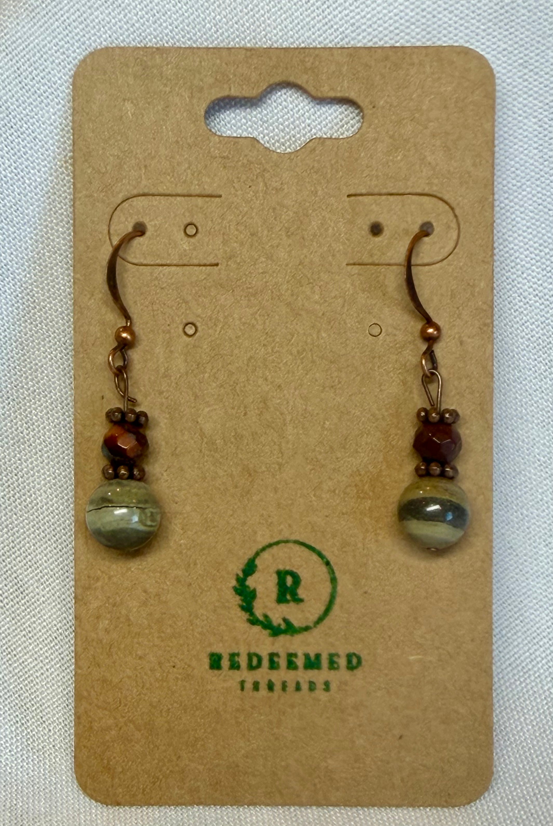 Olive Stone & Jasper Beaded Drop Earrings (Bronze)