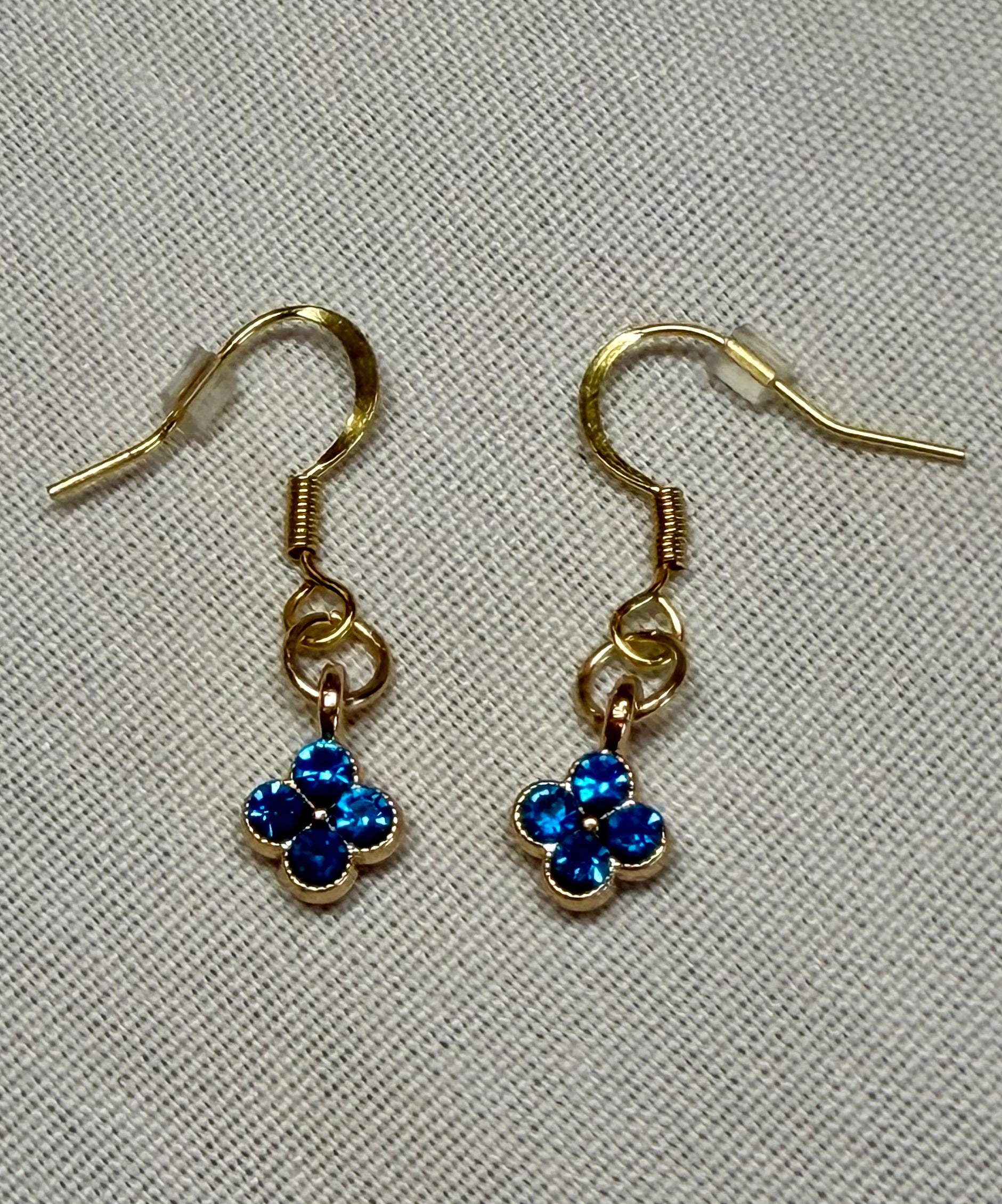Blue Crystal Mini Clover Drop Earrings (Gold)