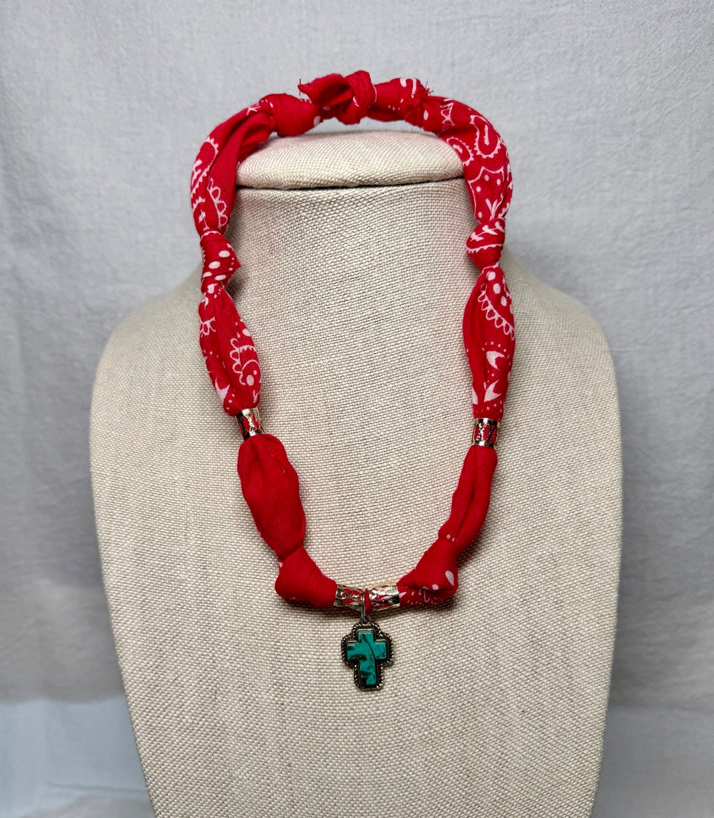 Red Bandana Turquoise Cross Necklace