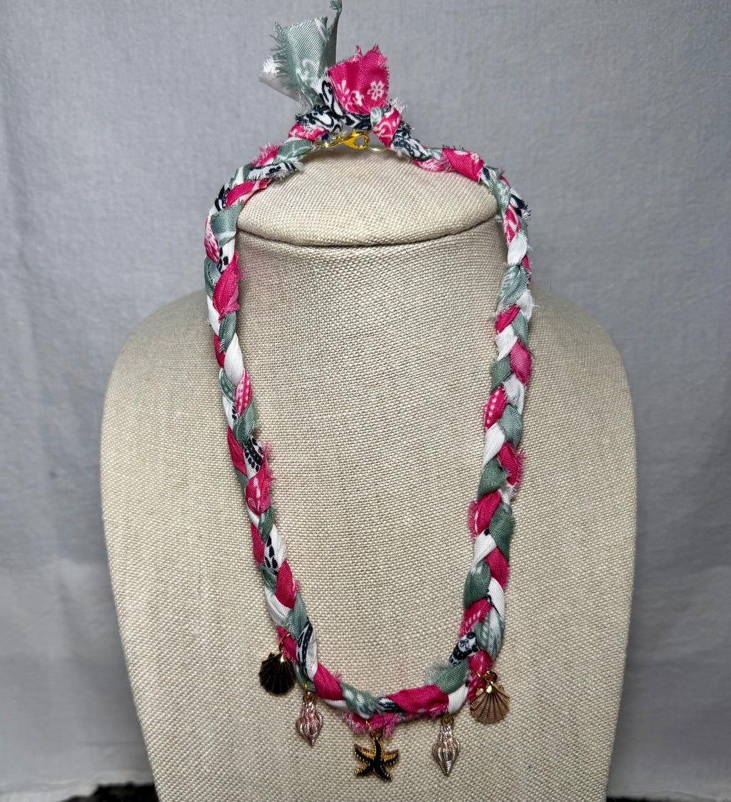 Braided Bandana Necklace with Seashell & Starfish Charms | Handmade Upcycled Fabric Jewelry