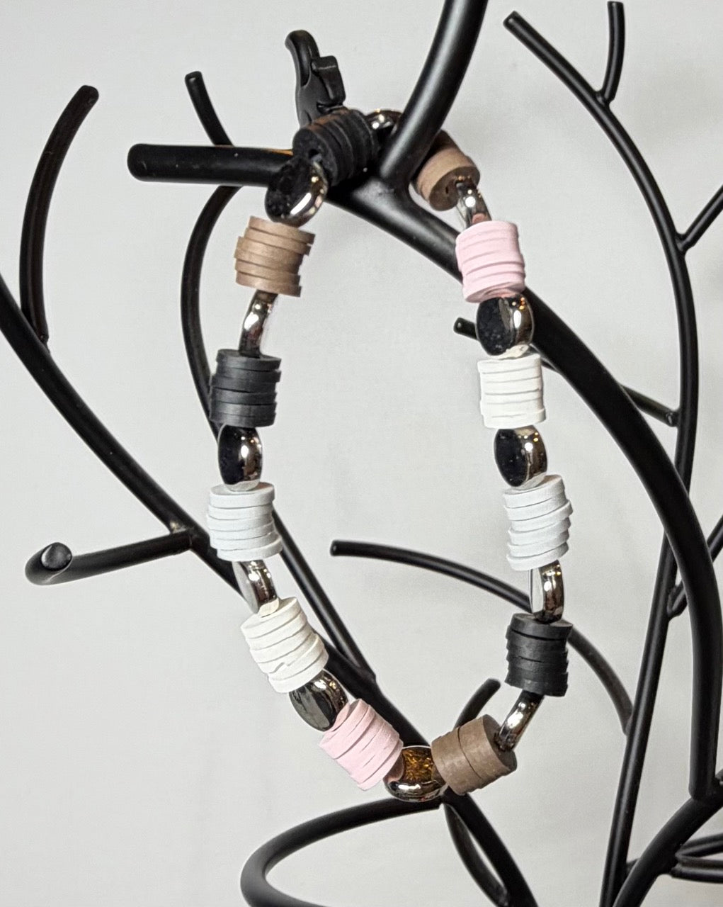 Neutral Heishi Beaded Stretch Bracelet | Blush, White, Taupe & Black with Gunmetal Accents