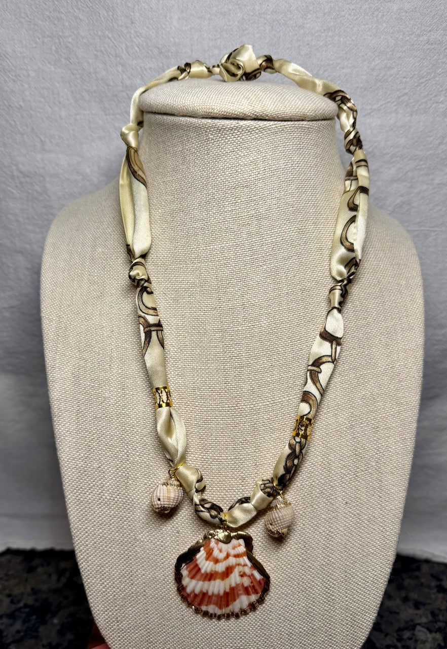 Ivory Chain Print Braided Scarf Necklace with Shell Pendant