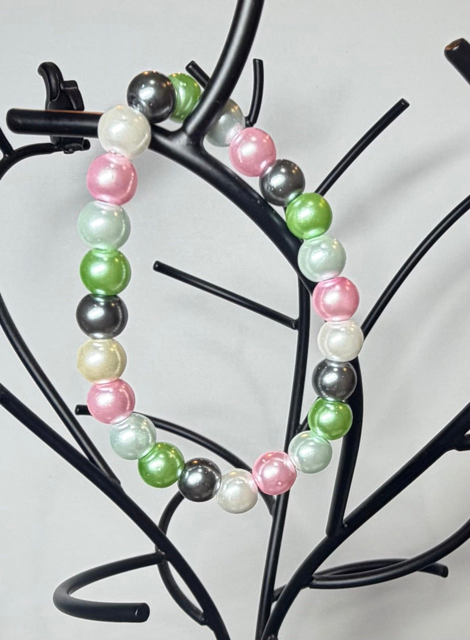 Spring Garden Pearl Beaded Stretch Bracelet | Handmade Pastel Green & Pink Jewelry