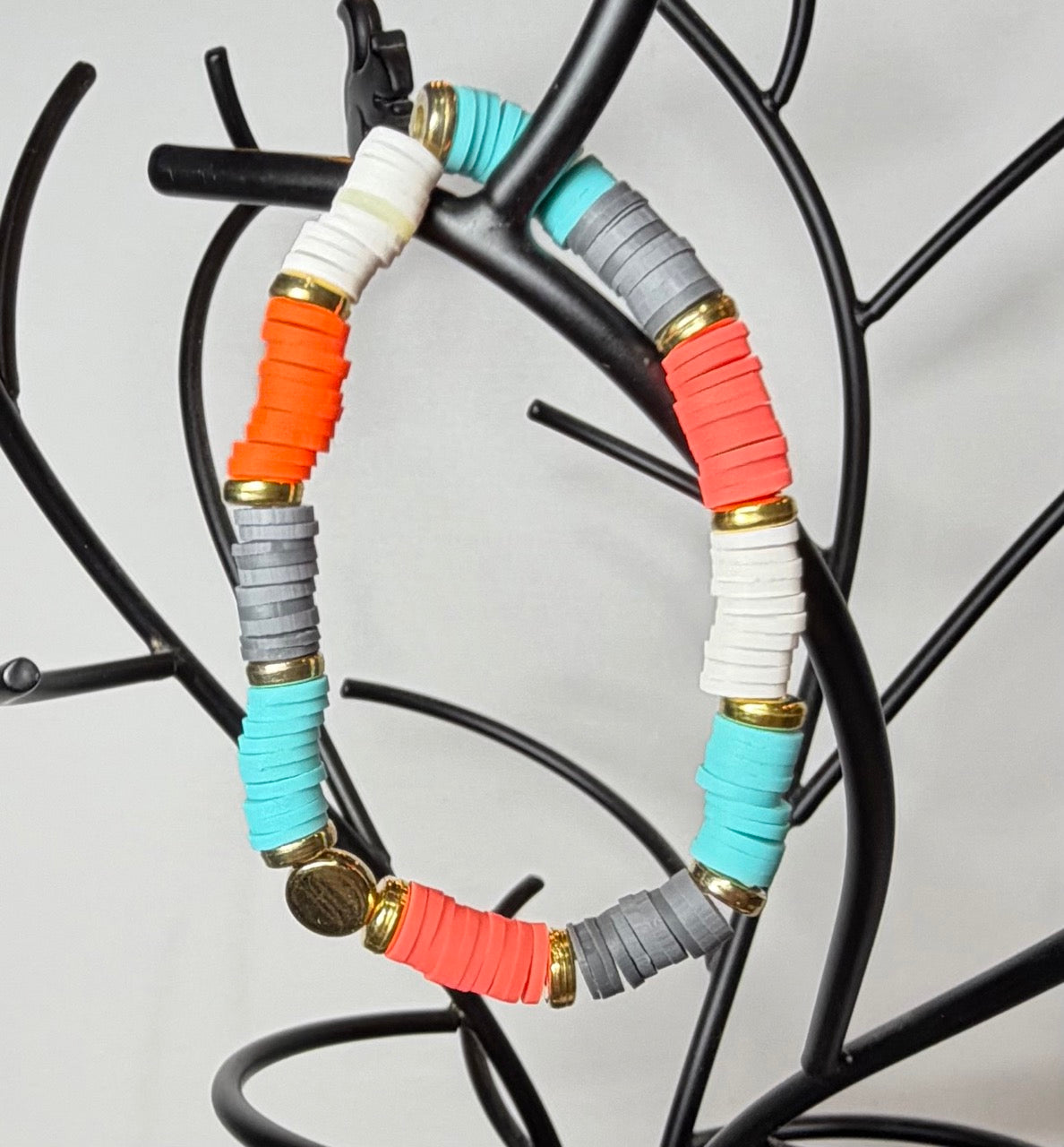 Turquoise, Coral, White & Gray Heishi Beaded Stretch Bracelet | Handmade Modern Bracelet